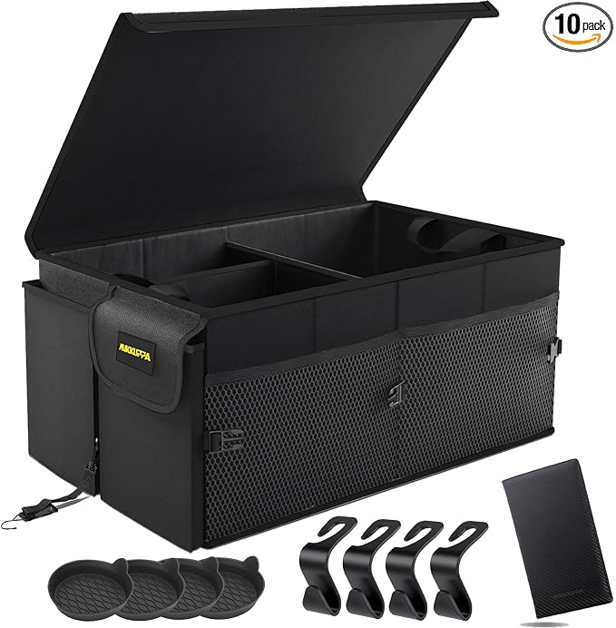 MIKKUPPA Car Trunk Organizer Set - 65L Collapsible Trunk Organizer with Lid, Registration and Insurance Holder with Magnetic Shut, 4 Pcs Car Seat Headrest Hook and Cup Holder Coaster (Black)