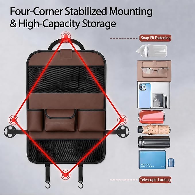 Car Seat Organizers,Multi-functional Back Seat Protectors, Storage Pouches, and Tray Holders (for Cars, Kids, Seat Back and Rear Seats)（Brown1 Pcs）