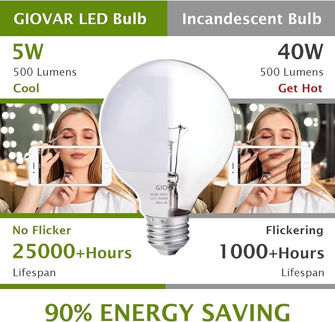 8-Pack G25 LED Globe Light Bulbs, Daylight 5000K, 120V 40W Equivalent LED Vanity Light Bulbs for Bathroom Mirror, E26 Base, Non-Dimmable