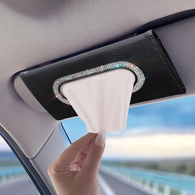 Bling Car Visor Tissue Holder, Diamond Mask Holder, PU Leather Tissue Box Holder, Wipes Case, Sun Visor Napkin Holder (Black)
