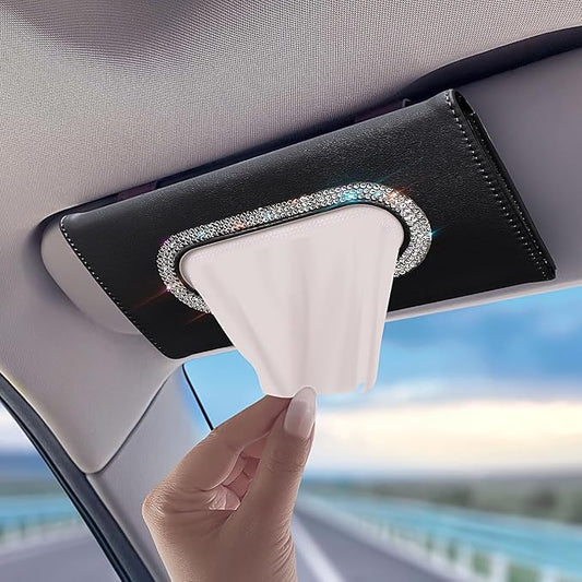 Bling Car Visor Tissue Holder, Diamond Mask Holder, PU Leather Tissue Box Holder, Wipes Case, Sun Visor Napkin Holder (Black)