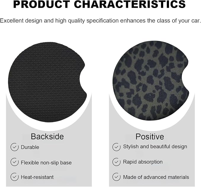 2PCS Car Cup Holder Coasters, Leopard Print Absorbent Rubber Insert Coaster with Finger Notch, Anti-Slip Drink Cup Mat Cute Vehicle Interior Accessories for Women Men (B13)