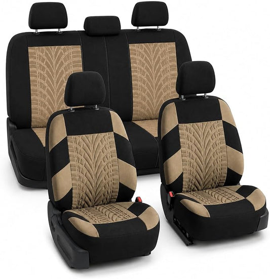 FH Group Car Seat Covers Full Set Premium Cloth - Universal Fit, Automotive, Low Back Front Washable Seat Covers, Airbag Compatible, Split Bench Rear Seat for SUV, Sedan Beige