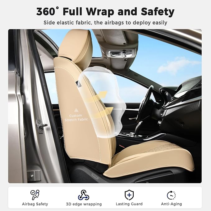 Huidasource Car Seat Covers, Beige Seat Covers Nappa Leather, Waterproof Automotive Seat Covers, Universal Seat Covers Full Set with Lumbar Support Fit for Most Cars SUV Trucks