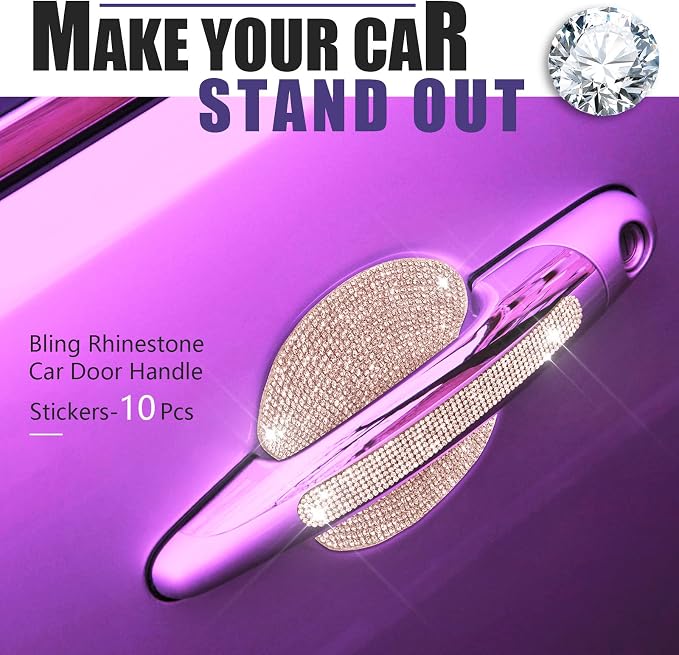 Frienda 10 Pieces Bling Car Accessories for Women Bling Car Door Handle Protector Door Handle Covers for Car Rhinestone Car Bowl Protector Accessories Women Stickers(Rose Gold)