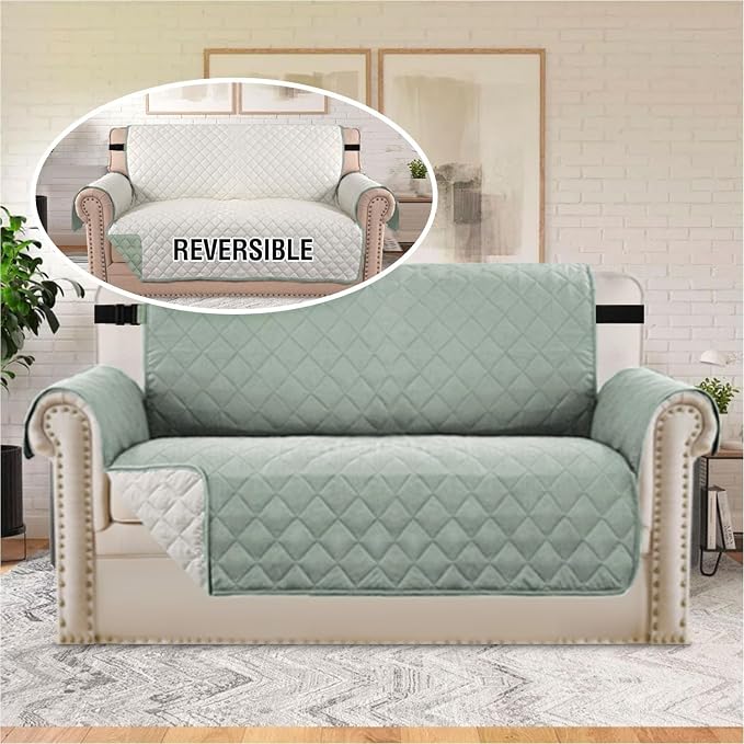 H.VERSAILTEX Reversible Loveseat Cover Water Resistant Loveseat Slipcover Washable Loveseat Couch Cover with Non Slip Elastic Strap Furniture Protector for Kid Dog Pet(Loveseat, Desert Sage/Beige)