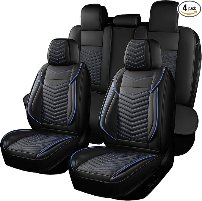 HChengkikz Car Seat Cover, Waterproof Faux Leather (Black + Blueline) | Easy Maintenance, Airbag Compatible, Universal Fit For Most SUVs Trucks Pick-ups Sedans