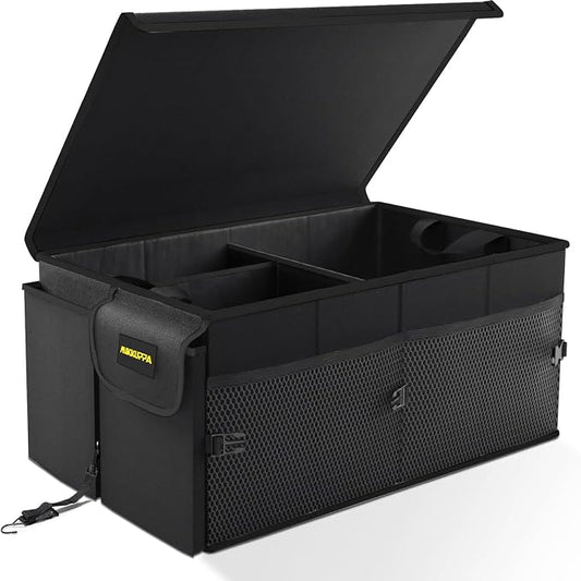 MIKKUPPA Car Trunk Organizer - 75L Collapsible Trunk Organizer with Lid, Sturdy Car Storage for SUV Auto Truck Van with Adjustable Straps and Non Slip Bottom (Black)