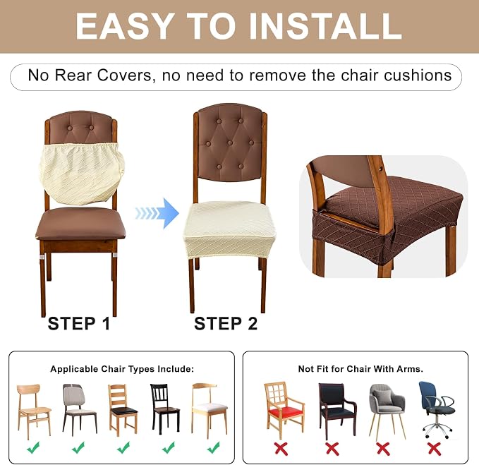Genina Waterproof Seat Covers for Dining Room Chairs Covers Dining Chair Slipcovers Protector, No Rear Covers (Chocolate, 6 Pcs)