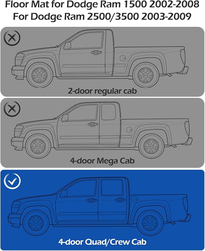 Car Floor Mats for Dodge Ram 1500 2002-2008 Crew Cab (Quad Cab) Ram 2500/3500 2003-2009 Crew Cab All-Weather Carpet Liners Front Rear Liners Custom Rubber Heavy Duty Truck Vehicle Accessories