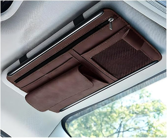 Yourkar Car Sun Visor Organizer, Soft Leather Surface Eyeglasses Note Card Holder Car Storage Bag, Scratch-Resistant Waterproof Auto Sunshade Organizer Bag, Car Accessories (Brown)