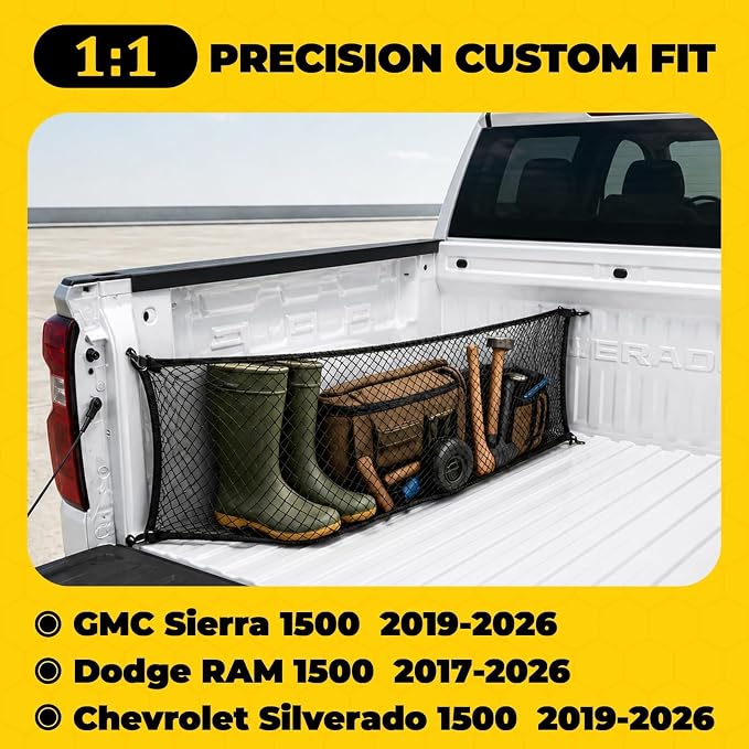 Side Cargo Net for Chevrolet Silverado 1500, GMC Sierra 1500& Dodge RAM1500 | 2019-2026, Double Layer Truck Bed Cargo Net, Heavy Duty Cargo Organizer Storage Nets, Tailgate-Free Side Access for Camping