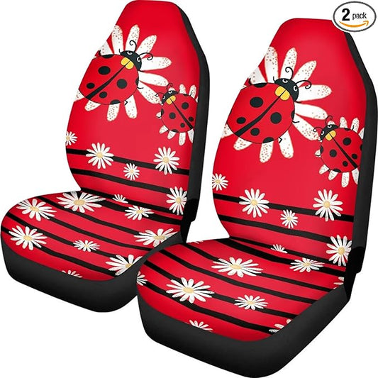 Cartoon Ladybirds Front Seat Covers for Cars White Daisy Driver Car Seat Cover Soft Comfort Bucket Seat Covers Universal Fit for SUV Truck Sedan