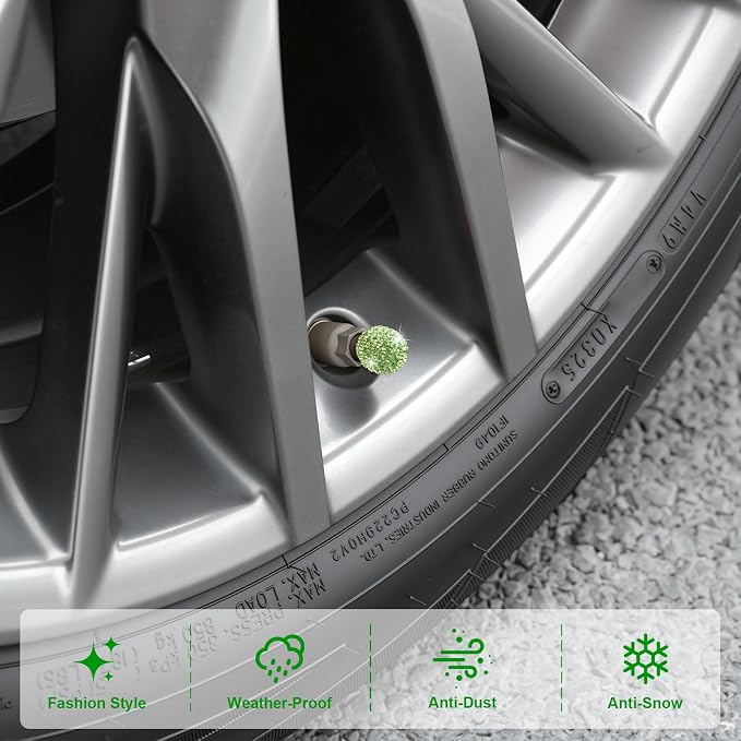 JUSTTOP 4 Pack Handmade Crystal Rhinestone Car Tire Valve Stem Caps, Universal for Cars, Trucks and Motorcycles - Green