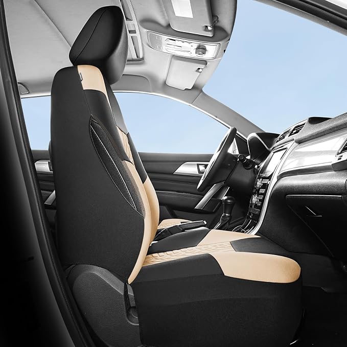 HChengkikz Front Car Seat Cover, Cloth and Washable (Black + Beige) | Breathable, Airbag compatible, Easy to Install, Universal Fit for Most Cars, Sedans, Truck, SUVs