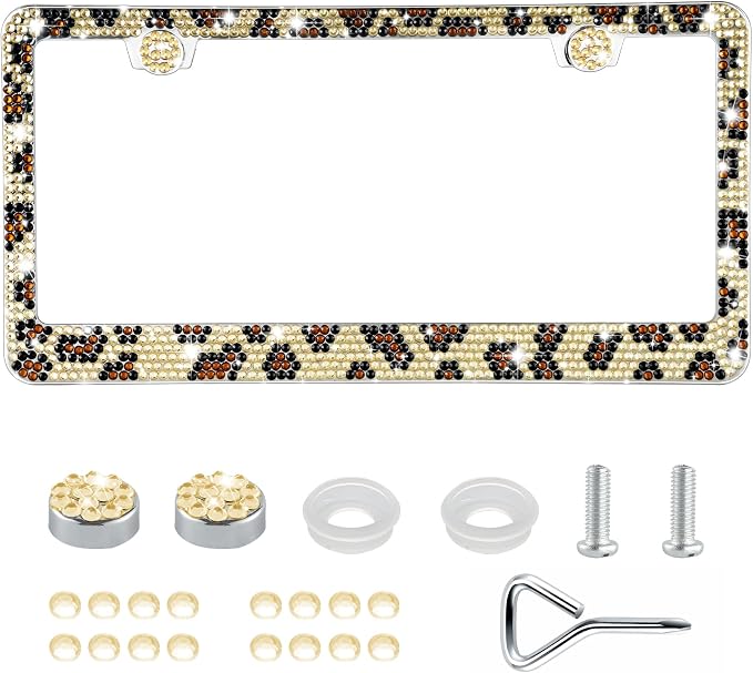 GaRhomxy Bling License Plate Frames for Women, 1 Pack Handcrafted Sparkly Rhinestone Car Accessories, Premium Stainless Steel Frame with 1000+ Faceted Glass Crystals & Glitter Caps (Leopard Print)