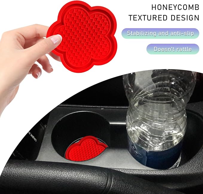 DXNQ 2 PCS Car Cup Coasters, Cute Flower Shaped Car Cup Holder Mat, PVC Waterproof Anti Slip Vehicle Cup Holder Insert Coaster, Universal Car Interior Decor Accessories (Red)