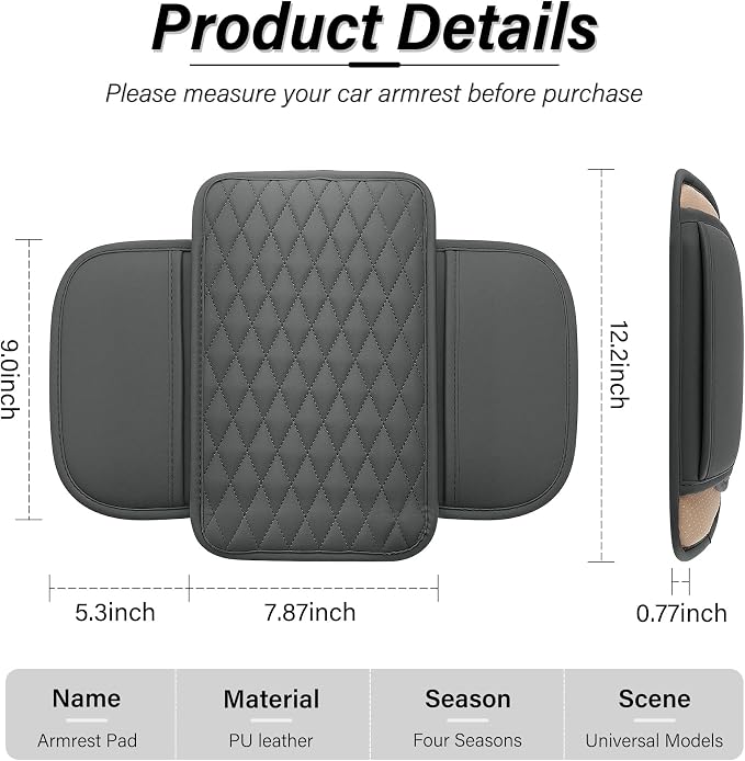 Amiss Car Center Console Cover, Upgraded Leather Car Armrest Cushion with 2 Storage Pockets, Universal Waterproof Cushion Pad, Non-Slip Car Interior Accessories, Fits Most Sedans SUVs Trucks (Gray)