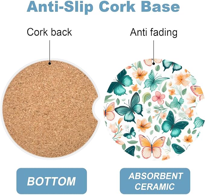 Car Cup Holder Coaster Set of 2, 2.56 in Ceramic Coasters, Scratch-Resistant Cork Backing, Finger Groove Design for Easy Placement, Cute Car Accessories Interior for Women (Butterfly)