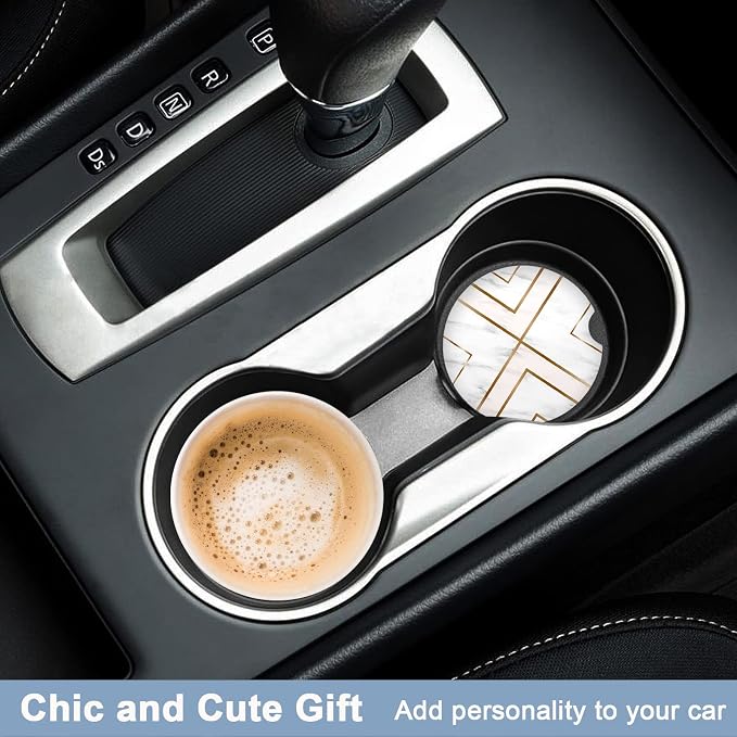 Nipichsha Car Coasters for Cup Holders, 2 Pack Absorbent Ceramic Car Cup Holder Coaster for Drinks, Cute Auto Assecories for Women Men, Size 2.56 in with Finger Notch & Cork Base, White Gold Line