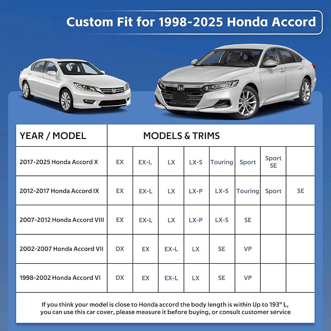 10 Layers Car Cover Custom Fit for Honda Accord (2001-2024) Waterproof All Weather for Automobiles, Outdoor Full Cover Rain Sun UV Protection.Silver