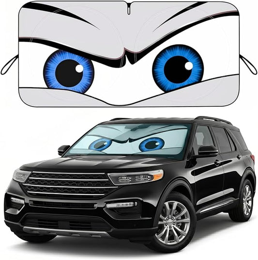 Car Windshield Sun Shade, Universal Fit Full-Size SUV Pickup MVP, Cool Gray | 63 x 33.86" Large Windshield Cover, Foldable Front Window Sunshade, UV Heat Protection, Cute Eyes Series