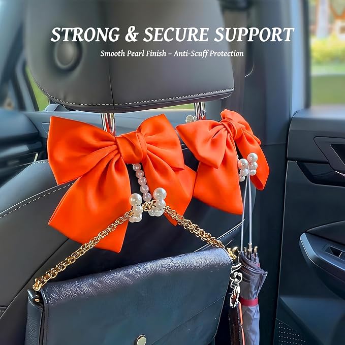 2 PCS Bow Pearl Car Seat Headrest Hook – Cute Purse Hook for Car, Girly Interior Decoration Accessories Hook Hanger, Seatback Holder for Purses & Bags, Elegant Car Organizer (Orange)