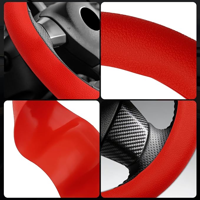 Silicone Steering Wheel Cover - Thicker Universal Stretchy & Anti-Slip Grips, Universal Fit 14"-16" Silicone Steering Wheel Protector for Men and Women, Car Interior Accessory (Red)