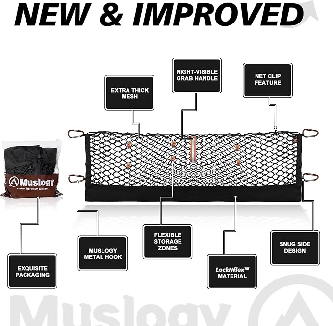 Muslogy Truck Bed Cargo Net Trunk Netting Compatible with 2024-2026 GMC Acadia | Chevy Traverse | 2025+ Buick Enclave Accessories, Pickup Cargo Organizer SUV Sedan Storage Net w/Heavy Duty Carabiners