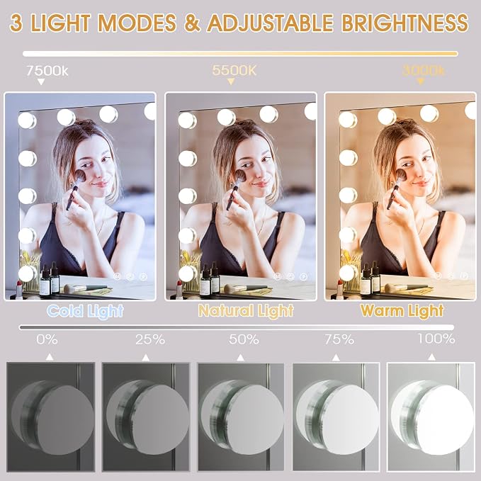 Hansong Black Vanity Mirror with Lights Large Hollywood Vanity Mirror with 15 LED Bulbs Lighted Makeup Mirror 3 Color Lighting Modes for Bedroom