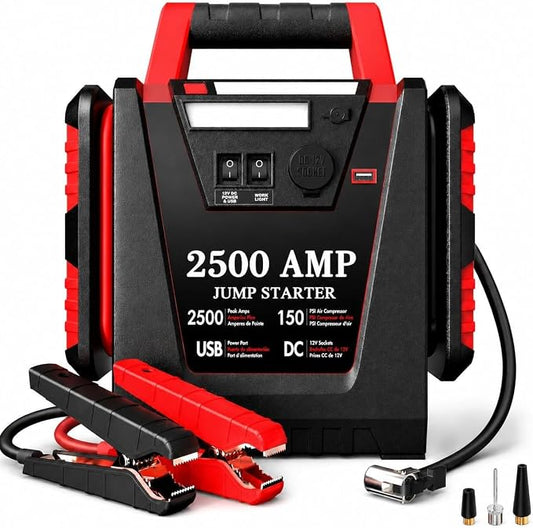 Jump Starter with Air Compressor,2500A Car Battery Jumper Starter 150 PSI Tire Inflator,6 in 1 Auto Lead-Acid Battery Booster Jump Starter for Up to 10.0L Gas or 8.0L Diesel with LED Light