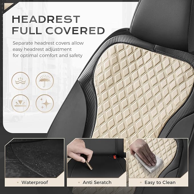 Coverado Front Seat Covers, 2-Pack Luxury Diamond Leather Car Seat Cover with Carbon Fibre Weave Design, Waterproof Car Seat Protectors, Black&Beige Driver Seat Covers Universal Fit for Cars Trucks