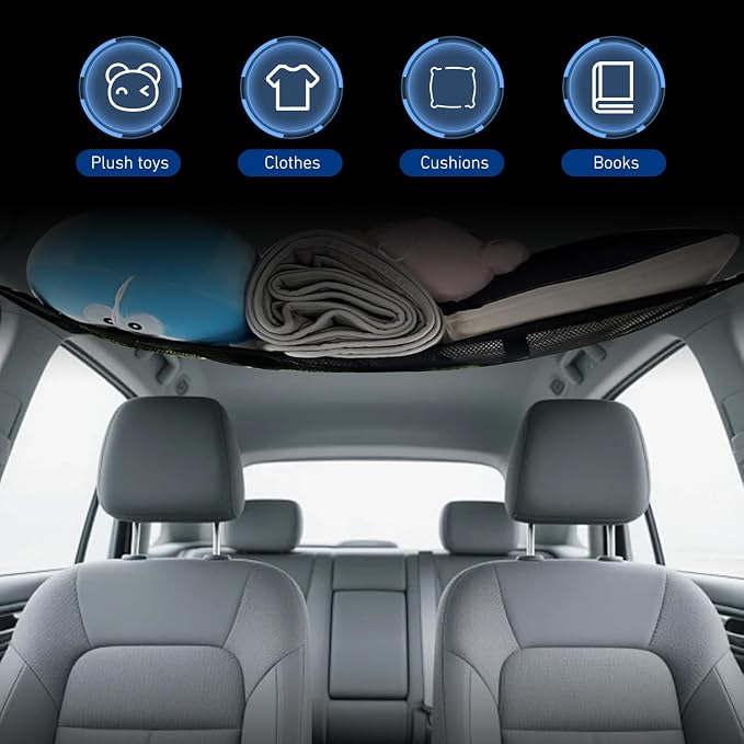 Car Ceiling Cargo Net, 20.87" x 31.49" Snap-on Roof Cargo & Trunk Organizer, Zip Seal Car Roof Storage Net for Road Trips, Universal for Most Cars, SUVs, Trucks (Black)