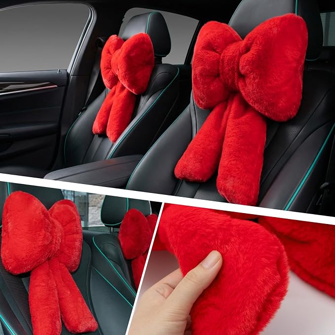 Macarrie 2 Pcs Red Car Neck Pillow Plush Butterfly Bow Car Headrest Comfortable Pillow Seat Neck Support Cute Head Rest Accessories for Driving Travel Driver Chair Girl Interior Decor(Solid)