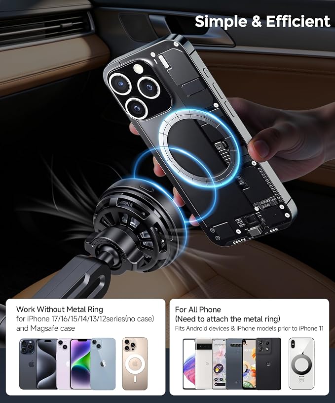Qi2.2 25W Dual MagSafe Cup Holder Car Charger for iPhone 12–17 series | Qi2.2 25W Dual MagSafe Cup Holder Car Charger, Cooling Fan, RGB Light, Adjustable Base for iPhone 12-17