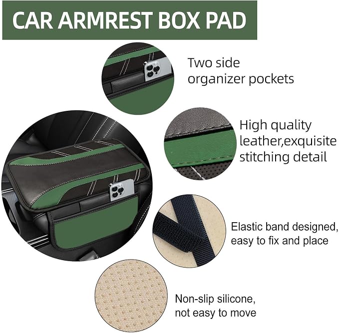 NBTEPEM 6 Pcs Green Car Accessories Set, Sport Leather Steering Wheel Cover 14.5-15inch Universal, Microfiber Leather Car Center Console Cover, Seat Belt Cushion, Cup Holder Coaster (Black-Green)