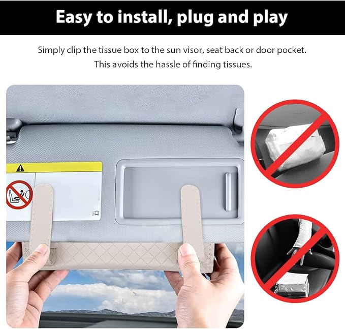 Car Tissue Holder, Leather Sun Visor Hanging Napkin Holder with Tissue Refill, Clip-On Visor Mask Dispenser Premium Paper Towels Case for Vehicles, Universal Car Accessories (Beige)