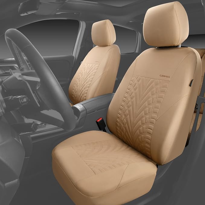 CAR PASS Car Seat Covers Two Front Only for Car, 3D Tyre Print Automotive Interior Covers, Airbag Compatible, Quick Setup Universal Fit Seat Covers for Car, Truck, SUV(All Beige)
