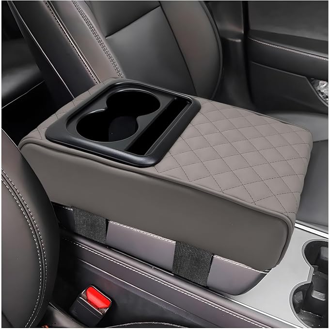Car Center Console Armrest Pillow, Memory Foam Auto Armrest Box Cover with Cup Holder & Phone Holder, Waterproof Leather Arm Rest Protector Cushion, Interior Car Accessories (Diamond, Gray)