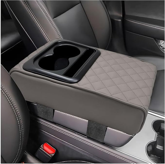 Car Center Console Armrest Pillow, Memory Foam Auto Armrest Box Cover with Cup Holder & Phone Holder, Waterproof Leather Arm Rest Protector Cushion, Interior Car Accessories (Diamond, Gray)