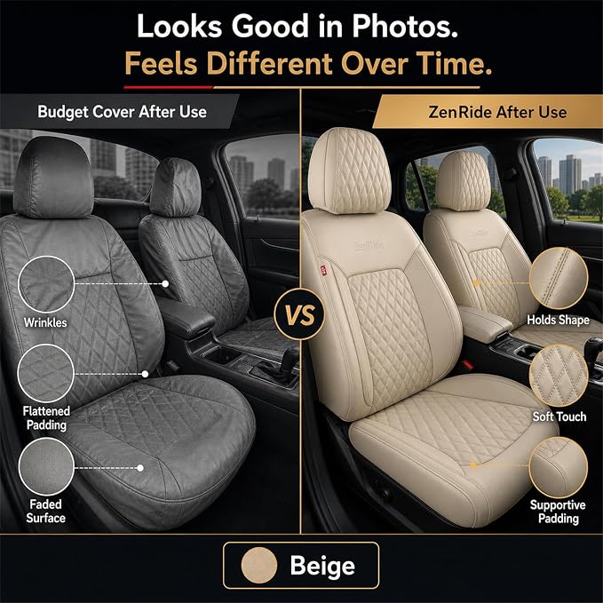 Beige Thick Nappa Leather Automotive Front Car Seat Covers Set of 2 | Univerasal Precision Fit,3D Contoured,Full Coverage,Waterproof,ThickTexture Nappa Leather,for most Suvs Trucks Sedans
