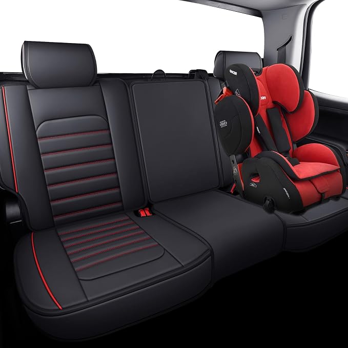 YIERTAI Seat Covers for Silverado Sierra Fit 2007-2024 2025 2026 1500/2500/3500HD Crew Double Extended Cab Waterproof Leather Back Seat Cover(1 Rear Seat Cover/Black-Red)
