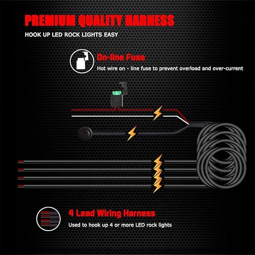 Ampper 4 Lead Wiring Harness for LED Rock Lights, LED Rock Light Pod Wiring Harness Kit with 2 Extension Wires, Relay, Fuse and Switch