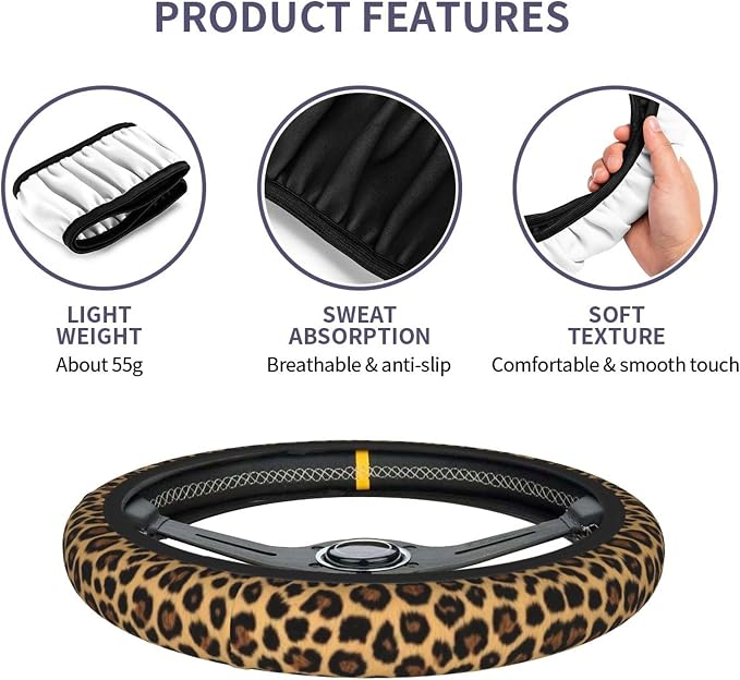 Leopard Print Steering Wheel Cover - Cheetah Leopard Print Steering Wheel Cover Anti-Slip Breathable for 15 in Universal 2 Pcs Car Interior Cup Holder Pad for Men Women