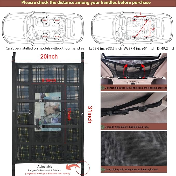 Car Ceiling Cargo Net Pocket 31"x21" Double-Layer Roof Storage for SUV Van | Heavy-duty nylon 31"x21" double-layer ceiling net, fits 4-handle SUVs & vans, holds gear for camping, road trips & van life