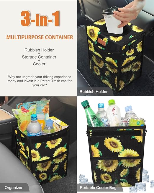 Pritent Car Trash Can with Lid, Cute Leakproof Car Trash Garbage Bag Hanging Vehicle Trash Bin Small Portable Automotive Garbage Cans Organizer for Back/Front Seat/Console(2.8 Gallons,Sunflower)