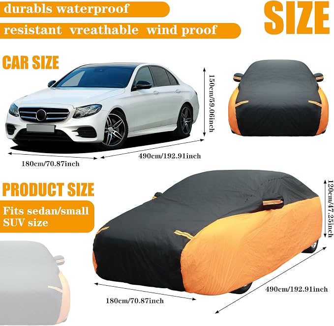 Riakrum Full Car Cover Waterproof All Weather for Automobiles Windproof Cover Rain UV Protection Sun Scratch Resistant Outdoor Universal(Fit Sedan Length (194-208'') 59'' H,Black, Orange)