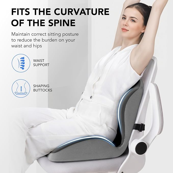 Ergonomic Waist Support and Seat Cushion, L-Shaped Memory Foam Pad, Hollow Design for Coccyx, Suitable for Office Chairs, Car Safety Seats and Household Use - Relieves Lower Back and Hip Pain (Grey)