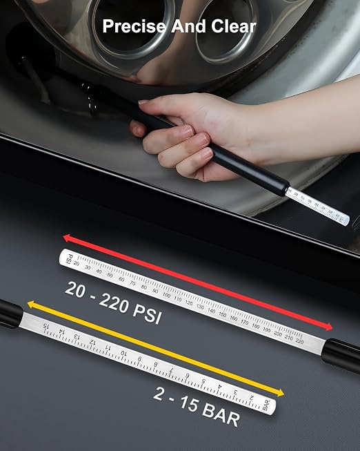 GODESON Heavy Duty Tire Pressure Gauge, 13.5" Dual Head Semi Air Gauge 20-220PSI/2-15Bar for Car, Motor, RV & Truck, Stainless Steel, Accurate & Durable for Tire Pressure Check, Black Pencil Gauges