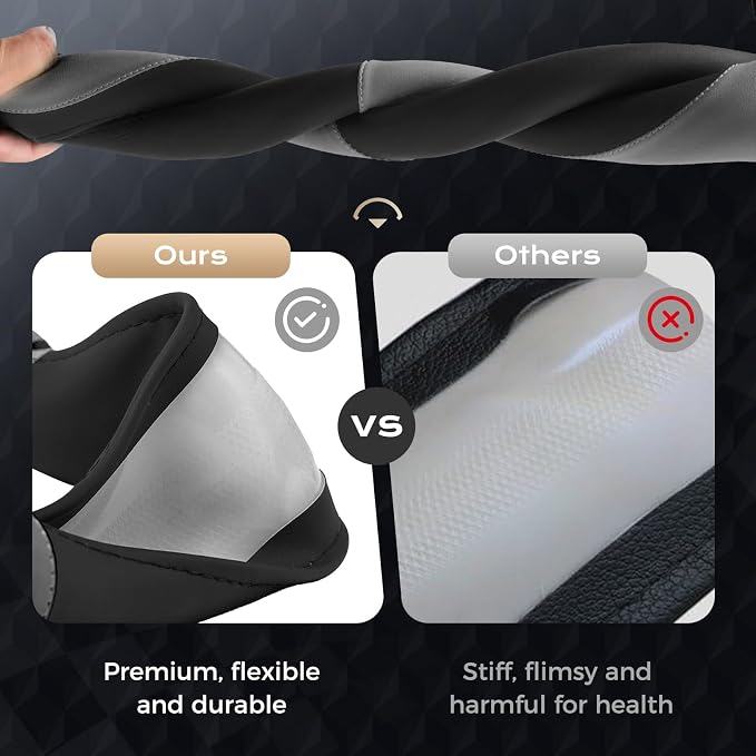 Coverado Car Steering Wheel Cover, Nappa Leather Black & Gray Steering Wheel Covers, Universal 14-15 inch, Anti-Slip, Breathable Steering Wheel Protector for Women Men